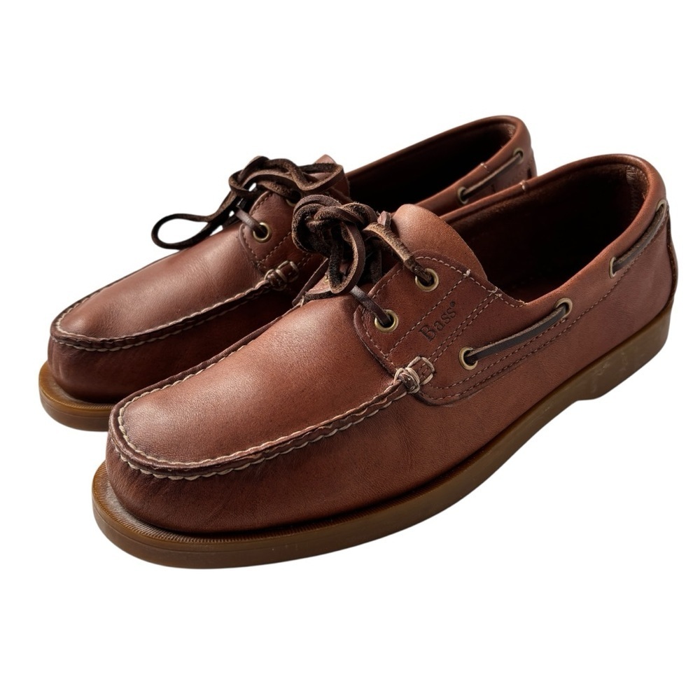 Bass Mens Seafarer Boat Shoe Size 9.5 Moc-Toe Brown Leather Rawhide Lace Preppy